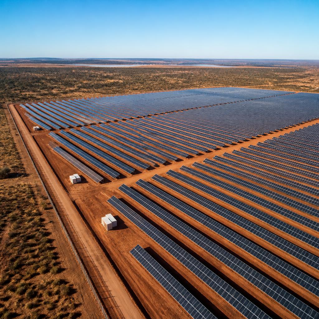 Planta solar de inversión con paneles fotovoltaicos en campo abierto