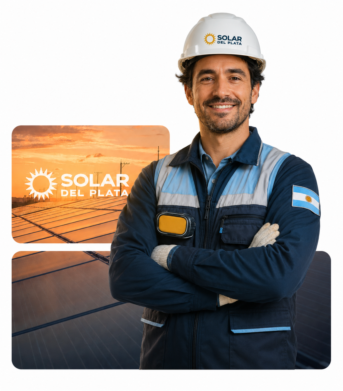 Técnico de Solar del Plata con casco y uniforme, junto a paneles solares al atardecer
